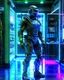 Placeholder: cinematic colors Length picture full body of Futuristic sci fi of a mechanized cyborg police SWAT .high key lighting, 3d bas relief, front view clock, glowing neon nixie eye, wire whiskers cyborg high contrast colors,standing pose hold weaponry,futuristic shoes,laboratory digital holograms and weapons storage room background