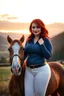 Placeholder: In a realistic, non-anime, cartoon style like: body shot of 40-year old chubby redhead with darkish red hair, brown eyes, very thick red lips and smoky eyes with long lashes who looks a lot like Jewel DeNyle. She is equestrian attire with tight white pants and blue, tight-fit jacket, posing in Bavarian countryside with mountains visible in sunrise.