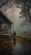 Placeholder: A swamp surrounded by bamboos long trees in cloudy, depressing, foggy, with a dim of light in the distance , there.is an abandoned cottage covered with leaves. A close look of strange scary creature sitting on a rocking chair in front of the cottage