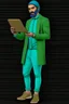 Placeholder: Modern guy, 20s, holding "ipad" in left hand, looks like a renaissance painting, walking forward, full body, "persian green", "right hand pointing down". "Front facing" "forward view"