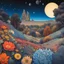 Placeholder: Colourful, peaceful, Max Ernst, night sky filled with galaxies and stars, rock formations, trees, flowers, one-line drawing, sharp focus, 8k, deep 3d field, intricate, ornate, hypermaximalist