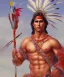 Placeholder: Guaicaipuro, native american god warrior, long black hair, big muscles, red feathers headdress, shirtless, holding a stone tip spear