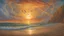 Placeholder: Cloudy sky and the rays of a giant sun crossing them at sunset, on a beach, frontal view of the sun, many seagulls flying, in the style of josephine wall