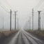 Placeholder: An empty road on a misty day. Telegraph poles and wires. Muted tones. Tilted horizon. With blotches, blurry areas and lens noise and grain. Hyper realistic Photo 4k