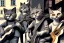 Placeholder: Group of three mature cats musicians, one cat playing guitar, one cat playing drums, one cat holding microphone and singing, street, Vienna, smiling, sunny day, model style, hyper realistic, extremely accurate, delicate, extremely detailed, Graphic novel style, wide-angle, open aperture, superfine pencil