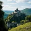 Placeholder: [art from Pan's Labyrinth (2006)] Sévérac-le-Château, Medieval stone castle perched on the summit of a puy, an ancient volcanic hill, overlooking the surrounding landscape. The fortress crowns a steep rocky promontory, with thick defensive walls, crenellated ramparts, round watchtowers, and a central donjon. The architecture follows the natural contours of the volcanic rock, emphasizing height, strength, and strategic control. The setting evokes early medieval France, with a fortified settlement