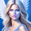 Placeholder: portrait of a beautiful woman with an angel face smiling,long blond hair, blue eyes, pink and blue dress, jewels, soft light aura