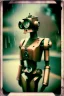 Placeholder: steampunk, vintage analog polaroid of a woman robot, female body, fog, lomography, heavy film grain, rain, color bleed, depth of field, bokeh, retro