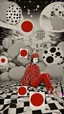 Placeholder: surreal collage art crafted from vintage Japanese magazines poster Novell , art composition by kusama, sci-fi elements , Alice's Wonderland, black and white and deep red