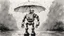 Placeholder: robot holding an umbrella in the rain, ink drawing