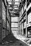 Placeholder: Abandoned industrial warehouses, line arts, manga style