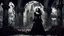 Placeholder: In a dramatic cinematic scene, a surreal goth young woman stands tall in the ruins of an ancient chapel, her hair a tumultuous array of black rose vines intertwined with realistic black velvet and lace rose petals. Her dark eyes pierce the gloom, capturing the essence of a storm brewing in the background. The scene is brought to life with a blend of black ink and weet ink, creating a cartoonish yet detailed and realistic portrait. The chapel is painted with a blurred paint effect, contributing t