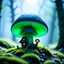 Placeholder: "Close up of a wonderful tiny Mushroom Tower home. green and blue with bright white, deep black and contrasting tones of gray. Illuminated bioluminescent forest. Professional painter, master at composition. small but detailed. broken, blurred background, voluminous lighting"