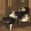 Placeholder: A cat in a historic dress is playing Piano. Background Music notes are dancing. Impressionism