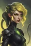 Placeholder: a female humanoid with the face of a snake, dungeons and dragons, wearing a black leather armor, green scales, yellow eyes