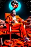 Placeholder: simple scene, Elon musk sitting on the moon on an orange couch eating popcorn, looking unamused at planet earth,. selective colours