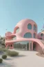 Placeholder: muestranos un edificio colores pastel sin muchas ventanas y liso, que tenga una forma ambigua y orgánica, que esté rodeaada de naturaleza y que tenga algunos aspectos de un pulpo, que inspire la calma que el mar de california da, y que inspire paz, y que sea color rosa pastel, que asemeje una concha marina