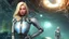 Placeholder: Wide-angle, full body of a woman, with straight blond hair, dressed like a robot, with equipment in her hands, next to a crashed spaceship, on an alien jungle world in the multiverse