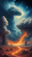 Placeholder: A journey Back in stone age through a Time Machine in the parallel universe among the galaxies and the stars a big clouds of gas covering the sky from a distance Busch painting style nightmare