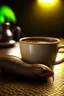 Placeholder: photorealistic leech drinking coffee