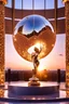 Placeholder: A magnificent cristal and gold heart-shaped sign adorned with a stunning berliant sphere encrusted with sparkling diamond clusters at its center, elegantly spinning in position,a golden statue of a girl in standing pose,colorfull flashing spinning disco roof lights,do not change girl statue pose and head