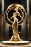 Placeholder: A magnificent golden and silver heart-shaped sign adorned with a stunning golden sphere encrusted with sparkling diamond clusters at its center, elegantly spinning in position,a girl golden statue standing pose