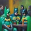 Placeholder: An oil painting of a dark universe masonic sad drunk batman cosplay convention, green batman, orange batman, cyan batman, white batman.