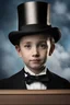 Placeholder: facial portrait - 10-year-old Abraham Lincoln is posing for his school picture - wearing a black suit and tie and a top hat - Sparkling, Sky blue Background, professional quality studio 8x10 UHD Digital photograph by Scott Kendall - multicolored spotlight, Photorealistic, realistic stock photo, Professional quality Photograph. colored Fog