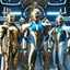Placeholder: (masterpiece, best quality, 8k, RAW photo, beautiful and aesthetic:1.2), complex detail, Indirect light, photorealistic, (((full body))), Meeting of a group of caucasian and asian cosmic male gods smiling, Mixed, sci-fi and cyborg outfit Tron like with golden futuristic artifacts, white, blue and silver elements- Inside a great room of a flying saucer with a round hublot showing a galactic sunset