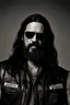 Placeholder: 45 years old man with long black hair and long black beard, sons of anarchy, portrait, photographic, harsh look, black sunglasses, crazy