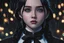 Placeholder: wednesday addams in 8k realistic anime drawing style, Addams family them, neon effect, close picture, rain, highly detailed, high details, detailed portrait, masterpiece,ultra detailed, ultra quality