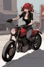 Placeholder: vampire girl with short cropped hair riding a cafe racer motorcycle