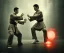 Placeholder: mdjrny-v4 style, twin plain clothed American kung fu artists in a fighting stance, dramatic lighting, epic photo, volumetric lighting, detailed, photo realistic, by drew struzan, analog style, blur haze, cinematic,