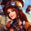 Placeholder: great illustrator, spanish, realistic rendering of a cute girl, beautiful, steampunk syle, aquarello. Helmet with tubes. smiling. Machinery in the background. robotic bird flying. High details. 4k. unreal engine