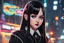 Placeholder: Hot wednesday addams in 8k realistic anime drawing style, Gothic them, neon effect, close picture, rain, highly detailed, high details, detailed portrait, masterpiece,ultra detailed, ultra quality