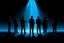 Placeholder: dark theatrical backdrop background with spotlight blue, minimal stage, dramatic, with silhouette of performers