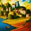 Placeholder: an ultradetailed painting of a popi village, castle, golden ratio, 8 k resolution, oil on canvas, landscape with Bright Colors, pop art