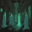 Placeholder: ghostly noctilucent wraiths and incandescent smoky phantoms in a hall with broken mirrors, tetradic colors