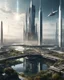 Placeholder: Sci Fi , spaceship landing promontory, city landscape, tall building, ponds, bridges, nature, cyberpunk style, view from sky, from top, space rockets in sky, launch stations, sf, intricate artwork masterpiece, ominous , artwork. cinematic, , hyper realism, high detail, octane render, 8 k, iridescent accents, cinematic, 4k