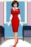 Placeholder: pin-up style realistic cartoon of 50 year old French brunette stewardess in short and tight, well-fitting red uniform dress with green eyes, very red lips and long eyelashes with shiny red very high heels, white long opera gloves