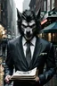 Placeholder: Werewolf in a suit walking the streets of Soho in the rain. He's holding a resraurant menu in his hand, and his hair is perfect. There is a Chinese restaurant in the background. Photograph.