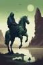 Placeholder: Draw me a lake with a mossy big stones in the desert in the distance background a giant statue on a horse of a hooded shadow of a scary creature Busch painting style