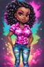 Placeholder: vibrant psychedelic comic book image, airbrush, 48k, cartoon art of a chibi curvy black female wearing torn jeans pants and a pink tie dye off the shoulder blouse. Prominent make up with lush lashes. Highly detailed sleek wavy ponytail