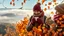 Placeholder: Autumn: falling leaves, Misty mornings, fog over distant fields or forests, sunshine; people wearing scarves, woolly hats, gloves, holding steaming mugs of hot drinks; chestnuts, acorns, berries, rowan, holly; flocks of birds migrating; squirrels gathering nuts; beautiful colours, atmospheric. Award winning photograph.