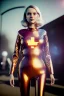 Placeholder: retro sci-fi portrait image from 1980, supermarket explosions, fire, people running, sweet young blonde woman walking, tight latex suit, soft color, highly detailed, unreal engine 5, ray tracing, RTX, lumen lighting, ultra detail, volumetric lighting, 3d, finely drawn, high definition, high resolution.