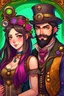 Placeholder: anime couple, steampunk , colorful, man with beard and woman with dark hair