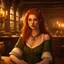 Placeholder: portrait of an auburn Tabaxi female bard in D&D style, long auburn hair cascading over shoulders, green eyes gazing seductively, feline facial features, stance conveying allure, intricate costume design, fantasy tavern background, patrons and wood-beamed ceilings slightly out of focus, candlelight casting a warm glow, ultra realistic, highly detailed, dramatic lighting