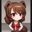 Placeholder: a close-up headshot of a chibi woman with long brown hair, red eyes, brown ferret ears, a mischievous expression, American clothes, intricately detailed, masterpiece, anime chibi doll