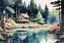 Placeholder: retro anime style, full color, dark serious 1980s anime style, A lake in the forest near a cottage, watercolor, forest,