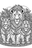 Placeholder: A black-and-white outlined drawing of ferricious lions for kid's colouring books